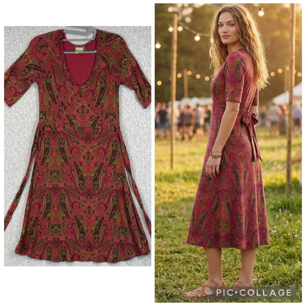 Athleta paisley midi dress XS tied waist milkmaid neckline stretchy jersey